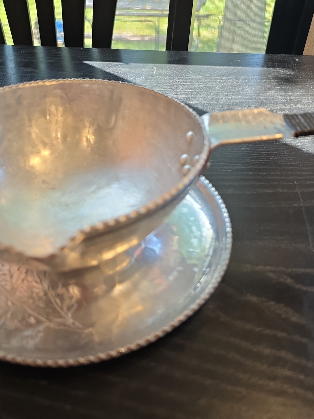 Silver-Tone Decorative Sauce Boat with Matching Underplate